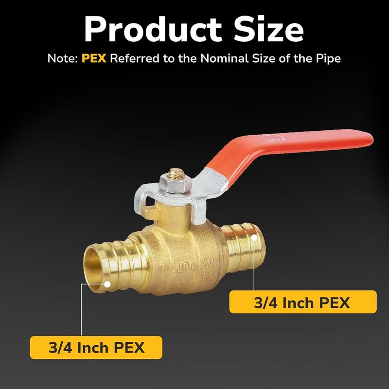 JUWO 3/4 Inch PEX Ball Valve, 2 Pack Pex Crimp Brass Full Port Shut-off Valve with 1/4 Turn Handle for Hot and Cold Water, UPC Certified - Image 2